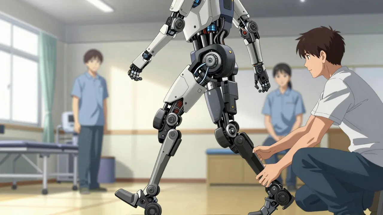Person using a robotic exoskeleton to walk in a rehab gym