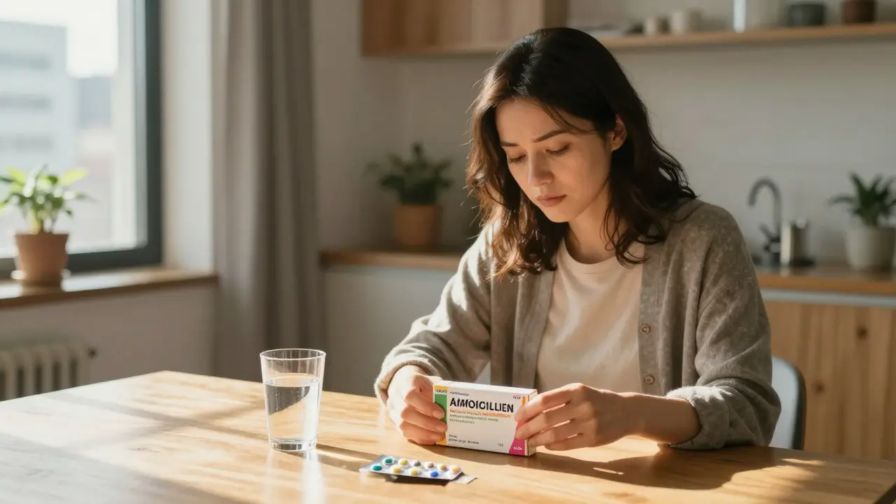 Relieved woman putting away emergency contraception in her sunlit apartment