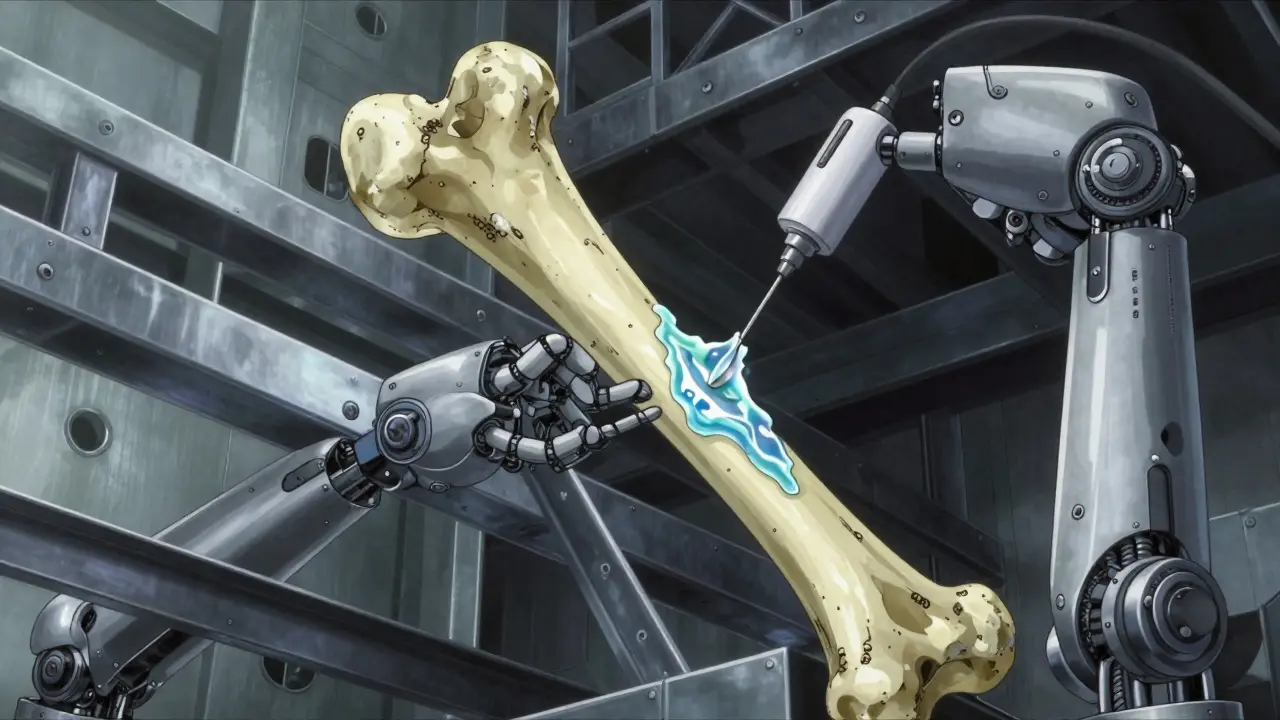 Robotic arms reinforcing and sealing a bone structure to represent sequential therapy.