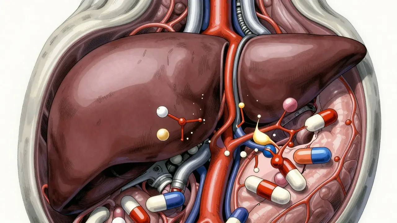 Stylized biological illustration of drug molecules interacting in the bloodstream.