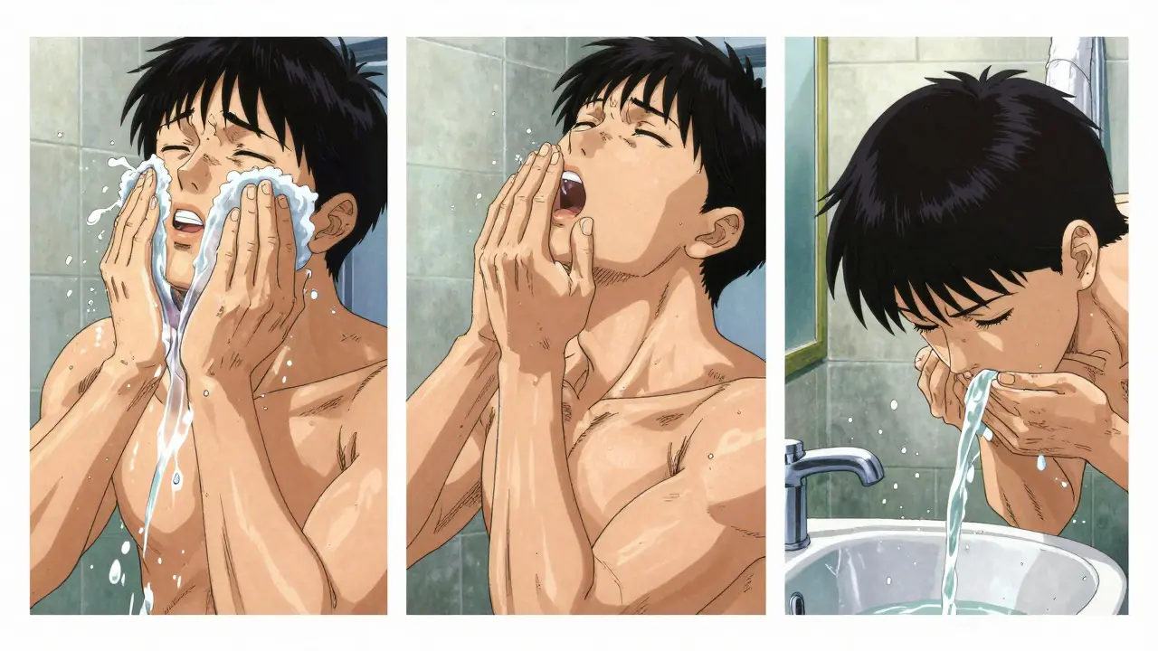 Three-step sequence of a person rinsing, gargling, and spitting water